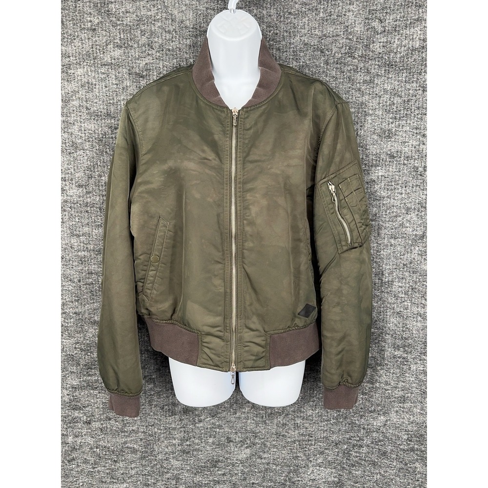Rag & Bone Bomber Jacket Womens Large Green Nylon Quilted Orange Lined Zip Warm